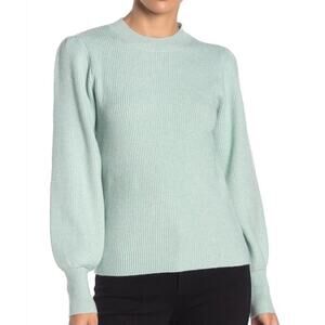 Women's S Line + Dot Ribbed Mint Light Blue Green Balloon Sleeve Sweater